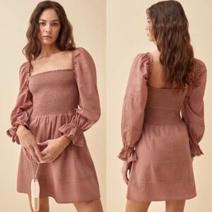 NWOT Reformation Organic Cotton Dunes Smocked Puff Sleeve Midi Dress Praline 8